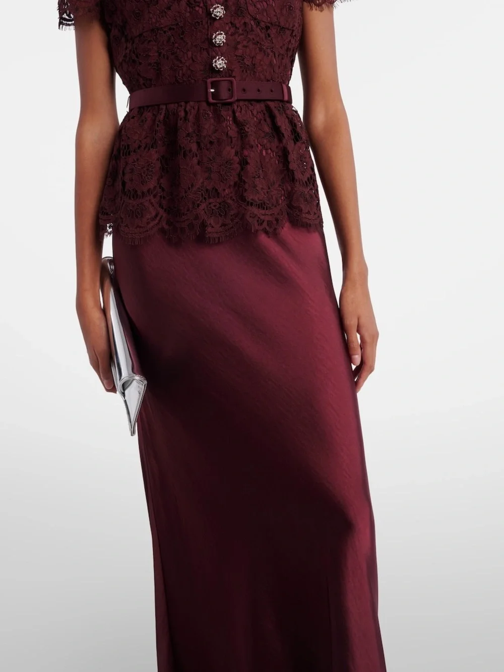 SELF PORTRAIT BELTED LACE AND SATIN MAXI DRESS
